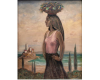 Dívka s košíkem ovoce na hlavě