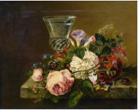 Květinové zátiší s motýlem a číší