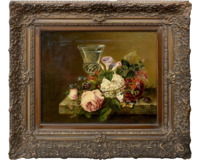 Květinové zátiší s motýlem a číší