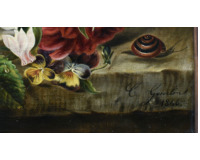 Květinové zátiší s motýlem a číší